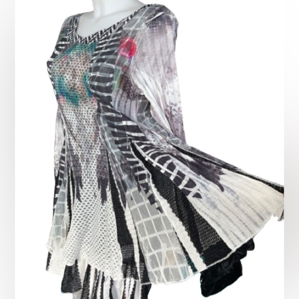 Funsport Mixed Media Print Layered Long Sleeve Mesh Tunic Dress XL